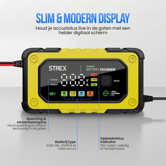 Strex 12V 7A Batterieladegerät - Tropf- und Schnellladegerät mit LCD-Anzeige - für Auto-, Motorrad-, Boots- und AGM/Blei-Batterien - Reparaturmodus
