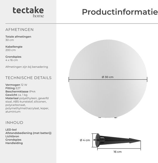 tectake® Garden Bulb - Ø30 cm - Kugelförmige LED-Lampe für den Außenbereich mit Fernbedienung - 16 Farben und 5 Lichtmodi - Wetterfeste Gartenbeleuchtung - Partydekoration - Gartendekoration - Inklusive Leuchtmittel - Glühbirne - Glühbirnen für den Außenb
