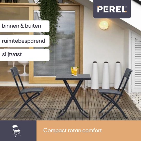 Perel Klappstuhl, klappbar, für drinnen und draußen, wetterfest, Rattanoptik, maximal 300 kg, schwarz, robust, Gartenstuhl, Terrassenstuhl, Gartenmöbel, klappbar und modern, 44,5 x 50 x 81 cm