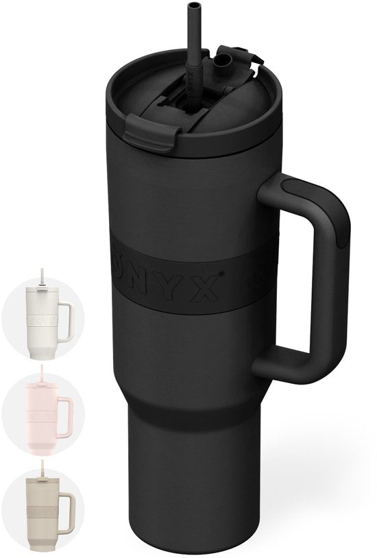 ONYX Trinkflasche mit Strohhalm 1 Liter - Trinkflasche für Kinder & Erwachsene - Thermosbecher Edelstahl Reisebecher - Motivationstrinker - Trinkbecher für die Schule - Onyx Schwarz