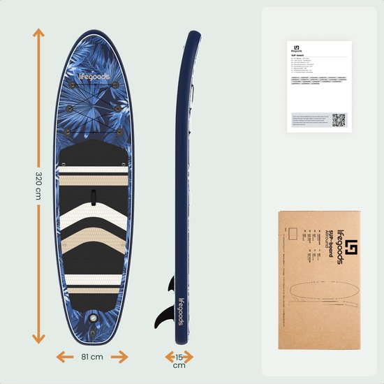 LifeGoods PaddlePro SUP Board - mit Sitz - Aufblasbares Paddle Board - Komplettset - Max. 150KG - 320x81cm - Tropisch Blau