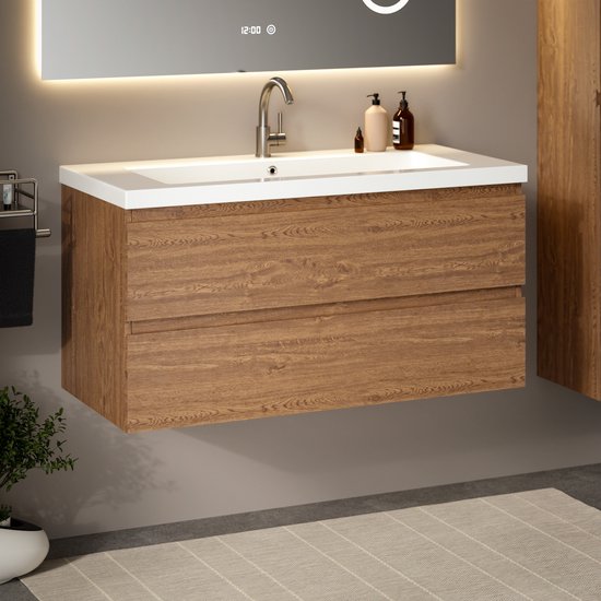 Mirlux Badmöbel Eiche Warm 100 cm - Waschbecken Weiß - Badmöbel-Set - Waschbeckenschrank Eiche Warm
