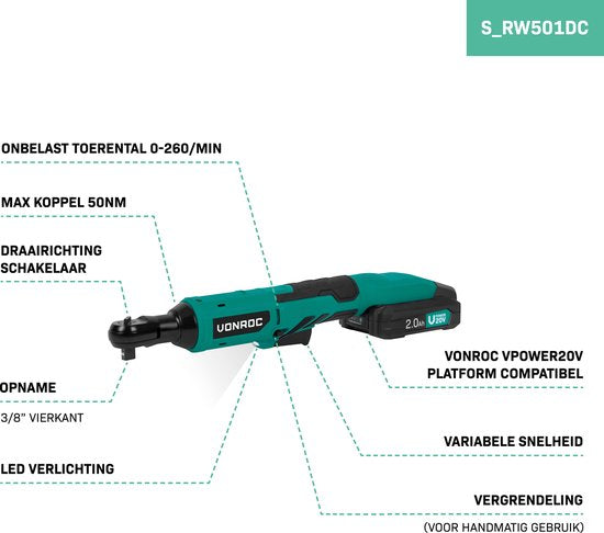 VONROC Accu-Ratschenschlüssel - 20V - 50Nm - 3/8" - inkl. 8-teiligem Steckschlüsselsatz - Inkl. 2.0Ah Akku und Schnellladegerät - auch für den manuellen Einsatz - ideal für schwer zugängliche Schrauben und Muttern.