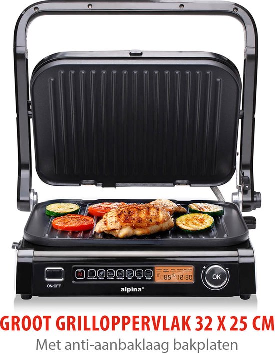 alpina Contact Grill 2100W - Sandwichgerät mit 7 Grillständern - Tischgrill mit herausnehmbaren Platten - Panini Grill 37,6 x 33,1 cm - Antihaftbeschichtung - Edelstahl/Aluminium