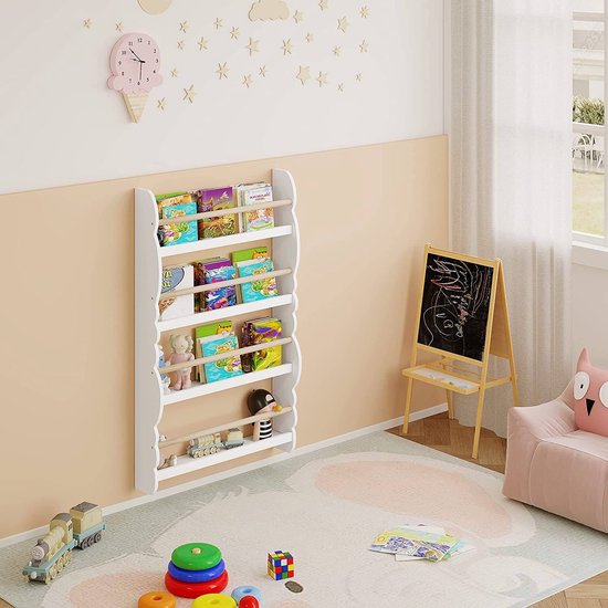 Woltu Kinder-Wandbuchregal 98x60x14,5 cm Grün oder Weiß mit Eichenoptik - Montessori-Aufbewahrungsregal für das Kinderzimmer