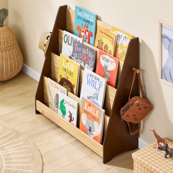 SoBuy KMB32-N Bücherregal für Kinder, Spielzeug, Bücherregal, 4 Ebenen, mit 2 Haken, Bücherregal, Aufbewahrungsschrank, Schlafzimmer, Büro, Wohnzimmer, natur, 91 x 30 x 89 cm