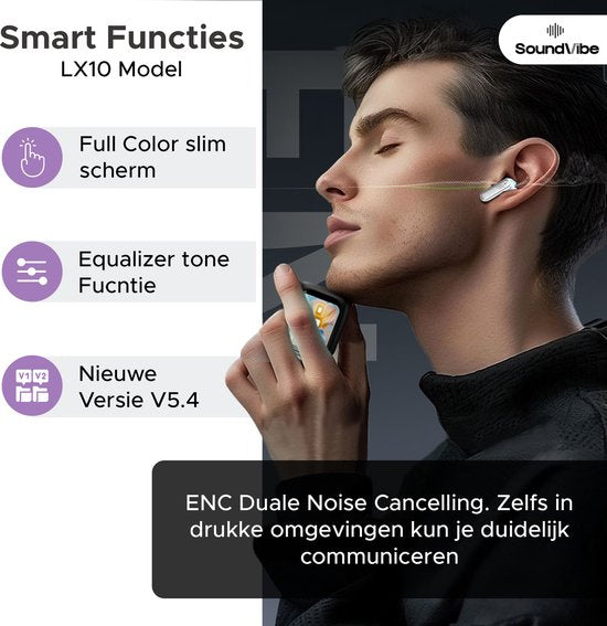 SoundVibe® - Kabellose Ohrhörer mit Geräuschunterdrückung - Weiß - Bluetooth-Ohrhörer - Kopfhörer mit Geräuschunterdrückung - LX-10 Earpods mit Bildschirm - Funktioniert mit Apple und Android - Earpods USB C - Kabellose Ohrhörer - Drahtlose Ohrhörer