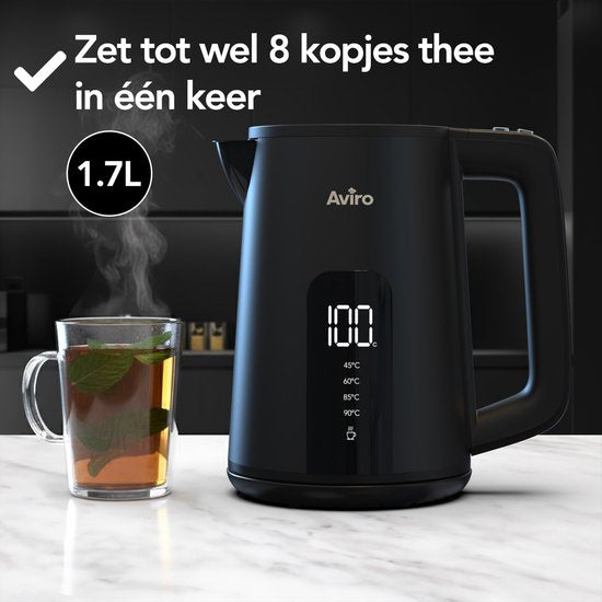 Aviro Wasserkocher mit Temperaturregelung - Heizfunktion - 1.7L - Edelstahl - Doppelwandig - Elektrisch - 2000W - Schwarz