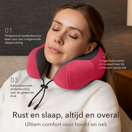 SKYCASES Travel Essentials - Nackenkissen-Set 3-teilig - Ergonomisches Memory Foam Reisekissen mit Augenmaske und Ohrstöpsel - Ideal für Flugzeug, Auto und Zug - Kompakt und luxuriös - Rot