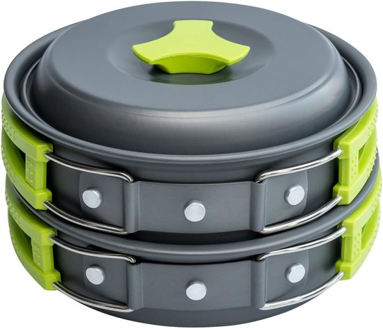 Travelhawk Camping Kochgeschirr - Pfannenset - Aluminium - 8-teilig - Camping Pfannenset - Inklusive Schwamm, Spatel, Löffel, Schüsseln und praktischer Tragetasche