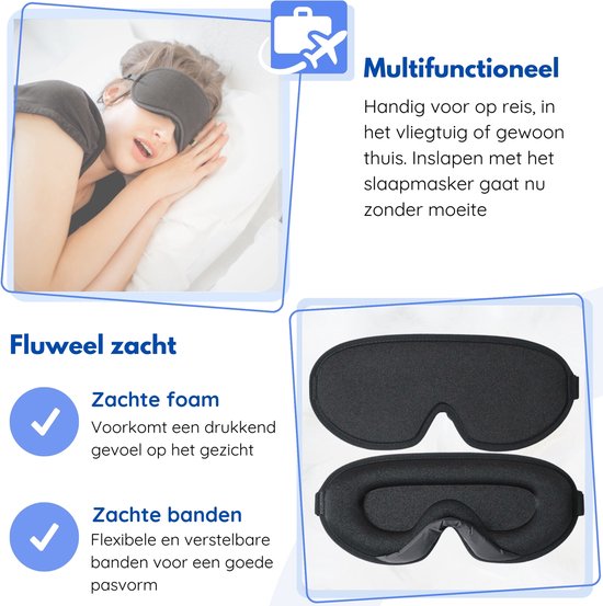 Hilvard - Schlafmaske - Augenmaske - Inklusive Schlaf-Ohrstöpsel - 100% Verdunkelung - Verstellbar - Ergonomisch - Schwarz