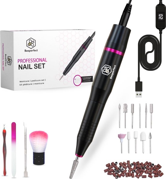 Beeperfect® Elektrische Nagelfeile - Nagelfräse - Maniküre- und Pediküreset - 12 Bits und 60 Schleifrollen - 4 Extra-Zubehör - Schwarz