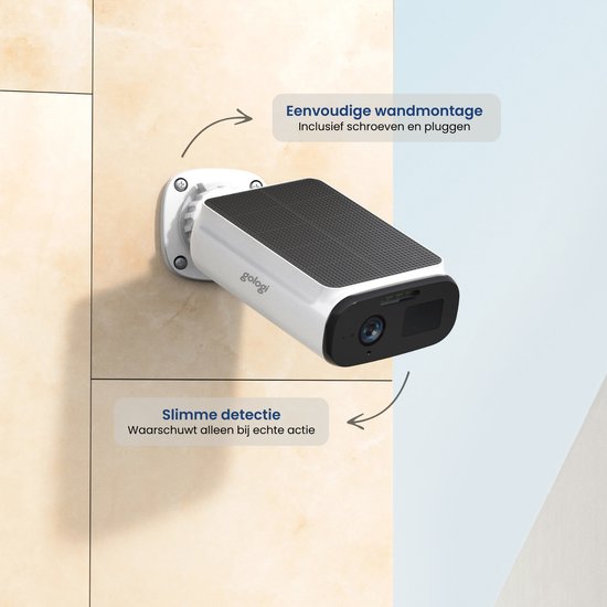 Gologi Solar Premium Outdoor-Sicherheitskamera - 10.400 mAh - 2.5K - Nachtsicht - Bewegungserkennung - Überwachungskamera - Solarpanel - Drahtlos - USB-C - WiFi und App - Weiß