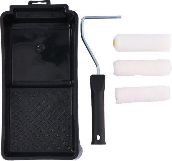 Kinzo Malerset - 5-tlg.: 3 Farbroller (2x Fellroller, 1x Schaumstoffroller), 1 Farbwanne, 1 Halterung