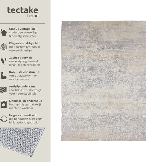 tectake® Teppich im Vintage-Design - Dalia - Niederflorteppich für Wohnzimmer, Kinderzimmer, Schlafzimmer oder Flur - Waschbar - Div. Größe - 200x274cm - beige