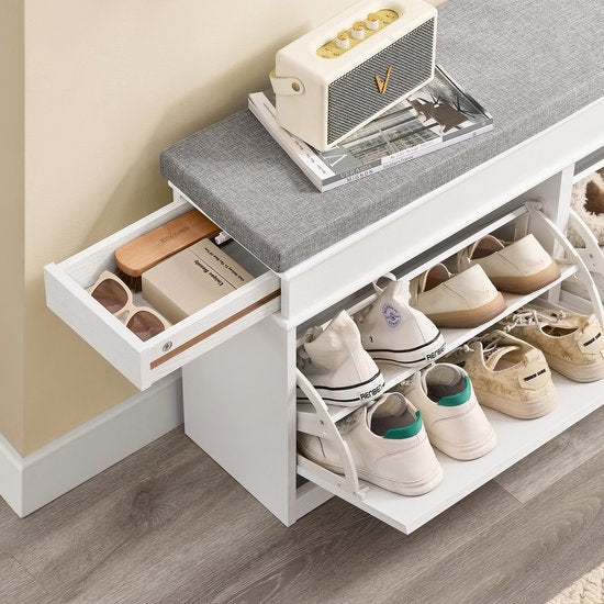 SoBuy Schuhbank mit Sitzkissen - 8 Paar Schuhe - Klappfächer & Schublade - 104 x 24 x 51 cm - Weiß