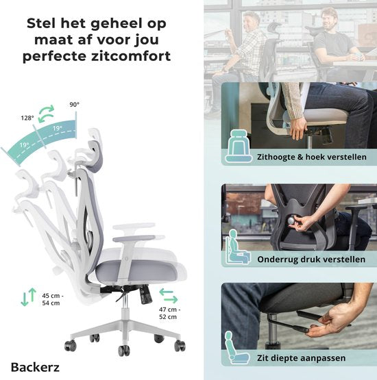 Backerz Ergonomischer Bürostuhl - Verstellbar - 3D Armlehnen - Kopfstütze - Weiß/Grau
