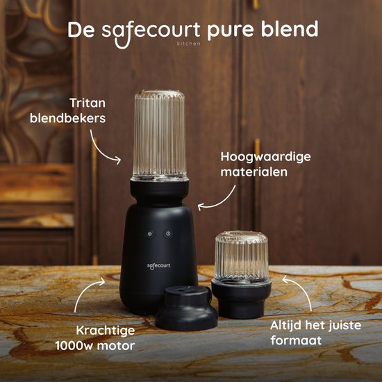 Safecourt Kitchen PureBlend - 1000W Smoothie Maker - BPA frei - inklusive To-Go Trinkdeckel + Strohhalm - Premium Tritan Becher - Schwarz