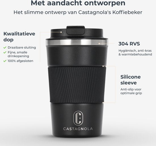 Castagnola Thermos Cup - Kaffeebecher To Go - Reisebecher für Kaffee und Tee - Teebecher - 380 ML - Edelstahl - Schwarz