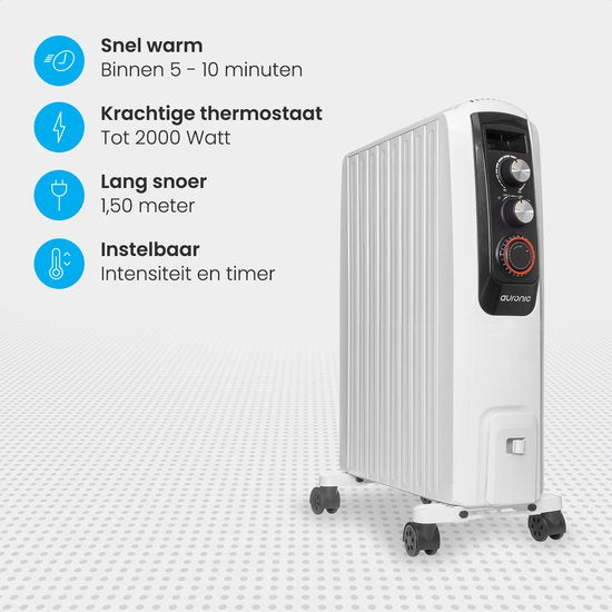 Auronic Ölradiator mit Thermostat - 2000W Heizleistung - Elektroheizung - Timer - 3 Stufen - Weiß