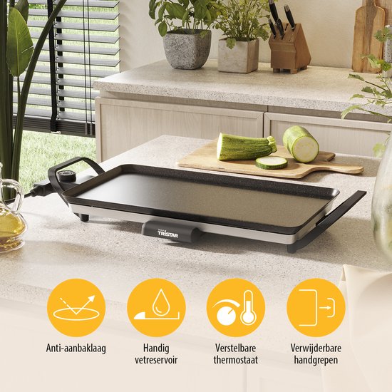 Tristar Grillplatte BP-2667 - Tischgrill M: 46 x 26 cm - Für den Innen- und Außenbereich - BPA frei - Gourmet-Grillplatte für den Tisch - 4 bis 6 Personen - Mit einstellbarem Thermostat - Antihaftbeschichtung - Schwarz