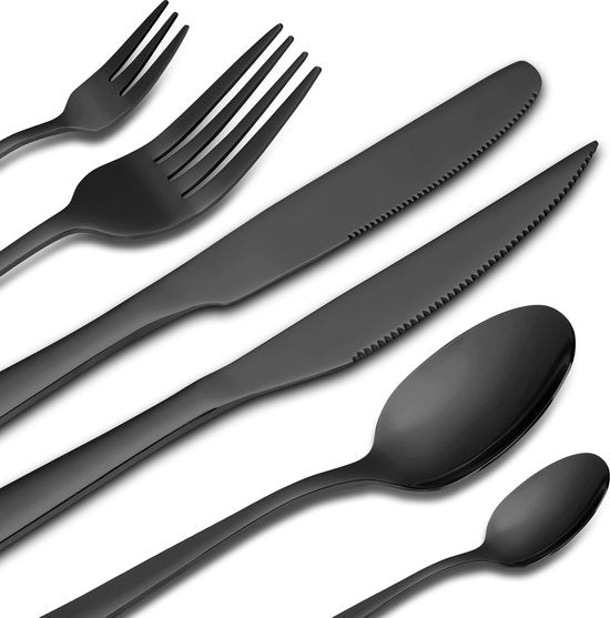 Deleca 8 Personen Besteck-Set Essential (48 Teile) - Löffel, Messer, Gabeln, Steakmesser & Kuchengabeln - Spülmaschinenfestes Besteck - Glänzend Schwarz / Edelstahl