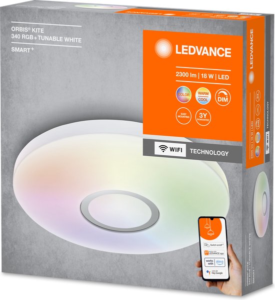 LEDVANCE Intelligente LED-Wand- und Deckenleuchte für den Innenbereich mit WiFi-Technologie, Lichtfarbe veränderbar (3-K-65-K), RGB-farbveränderbar, weiß, 34-mm, Google und Alexa kompatibel, SMART+ ORBIS KITE RGBW