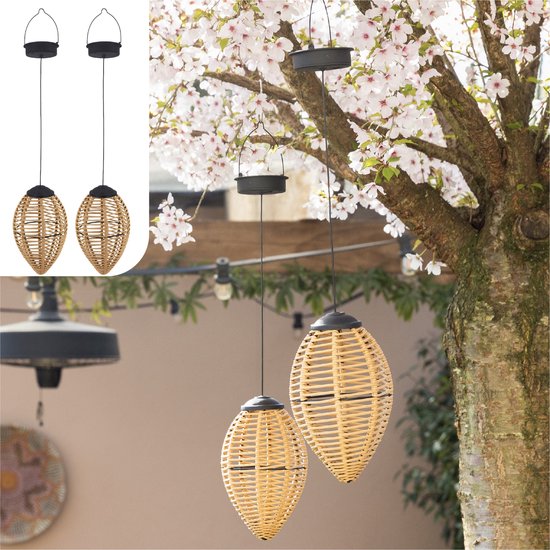 Gadgy Solar-Hängeleuchten für den Außenbereich - 2er-Set - Rattan-Look - LED-Solar-Gartenleuchten - Warmes Licht - Spritzwassergeschützt - Solarbetrieben - Hängeleuchte Gartendekoration