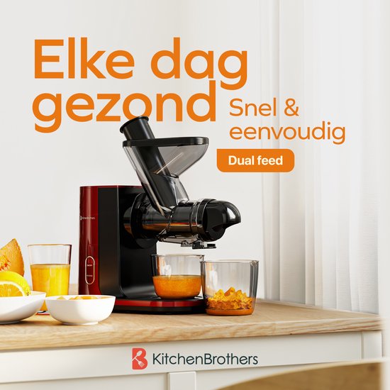 KitchenBrothers Slowjuicer - Entsafter - Gemüse- und Obstpresse - 43 mm und 60 mm Einfüllöffnung - 400 ml - Rot