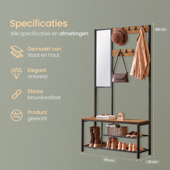 O'DADDY® Garderobe mit Spiegel - Garderobenständer - Schuhablage - Garderobenständer hochkant - Vintage Look - Schwarz und Braun - Schuhablage - Garderobenständer