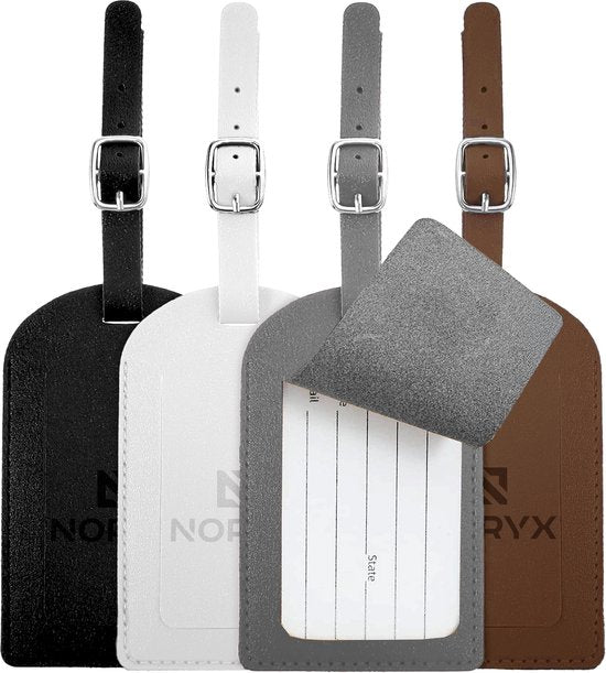 Noryx 4-teiliges Kofferetiketten-Set - Kofferetikett - Kofferanhänger - Kofferetikett - Grau, Weiß, Schwarz & Braun