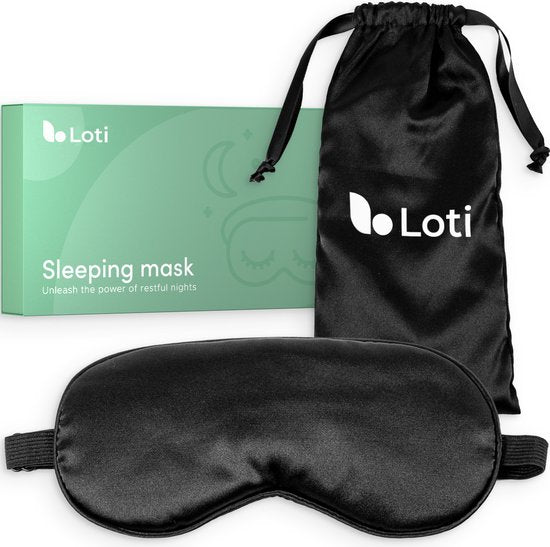 Loti Premium Silk Sleep Mask + Aufbewahrungsbeutel - 100% abdunkelnde Augenmaske - Verstellbar - Augenbinde - Seidig weich - Anti-Falten - Augenmaske - Schlafmaske - Schwarz
