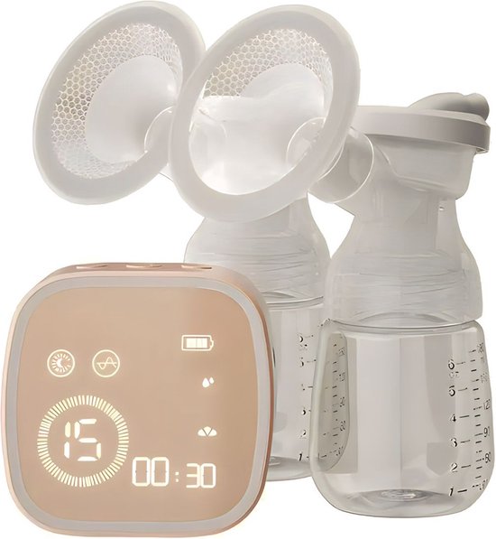 Fuegobird Doppel-Milchpumpe - kabellose elektrische Doppel-Milchpumpe - 100% BPA-frei - wiederaufladbare Batterie - beinhaltet 2x180ml Babyflaschen - Pink gold