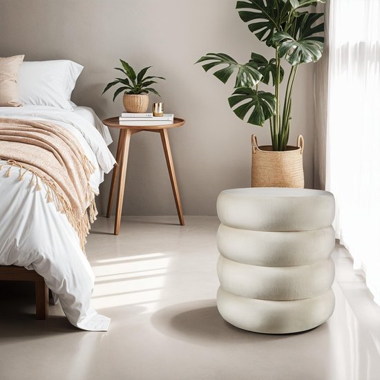 tectake - Hocker mit Ablage - Scandi Hocker Samtstoff - Runder gepolsterter Hocker für Frisiertisch, Schlafzimmer, Wohnzimmer oder als Flurmöbel - Ablagehocker - creme