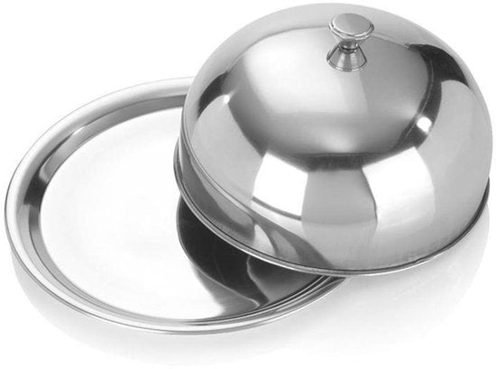 Excellent Houseware Servierschale Glocke mit Tablett - silber - Edelstahl - D25 x H12 cm - Servieren von Speisen - mit Deckel