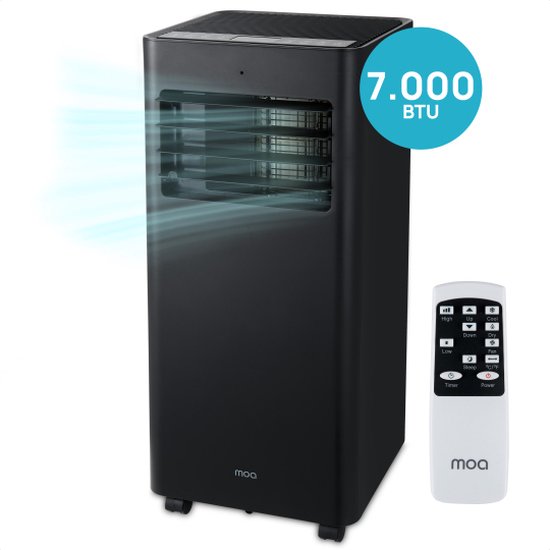 MOA - Klimaanlage - 7.000 BTU - mit Fernbedienung - Energieklasse A - bis zu 60 m³ Kühlleistung - Ventilator und Entfeuchter - Schwarz