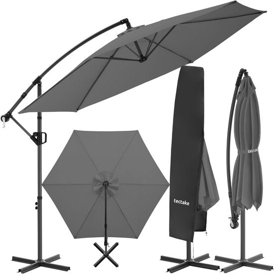 tectake® Schwebeschirm mit Sockel – 3 x 3 m – Gartenschirm – Schwenkbar – Wasserabweisendes Polyester mit UV-Schutz – Inklusive Schutzhülle – Grau