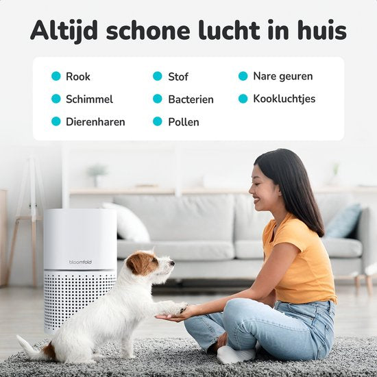 Bloomfold Luftreiniger - HEPA 13 Filter + Kohlefilter - CADR: 240m3/h. - Wifi-Modus & App - Luftqualitätsanzeige - 3 Modi + Schlafmodus