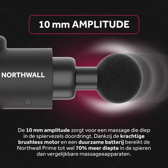 Northwall Massagepistole Professional Prime - Mit Etui und 7 Aufsätzen einschließlich Wärmemassagekopf - Leistungsstark - Kabellos