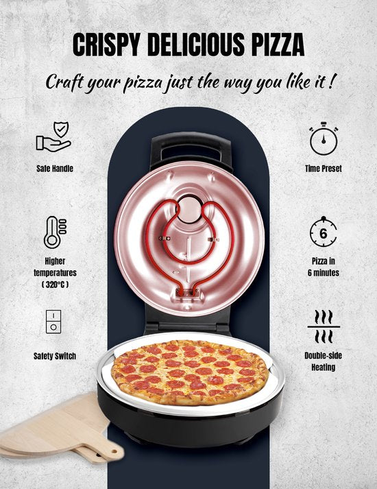 Bestron Turbo Pizzaofen - Für Pizza in 5-10 Minuten - Elektrisch - Mit Höchsttemperatur von 320°C - Inklusive Pizzastein und 2 großen Holzspateln - Matt Schwarz