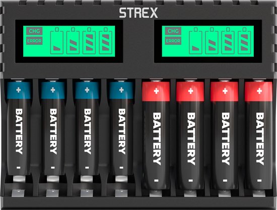Strex Batterieladegerät - 8x AA/AAA-Batterien - USB aufladbar - LCD-Display - Für wiederaufladbare Batterien - Schwarz