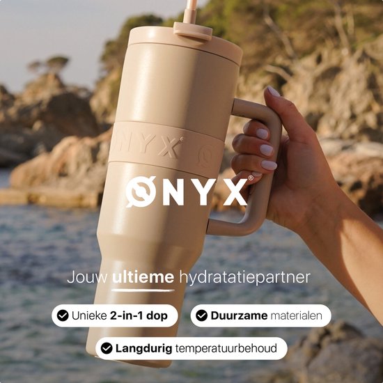 ONYX Trinkflasche mit Strohhalm 1 Liter - Wasserflasche für Kinder & Erwachsene - Thermoskanne Edelstahl Reisebecher - Motivationstrinker - Trinkbecher für die Schule - Sand Beige