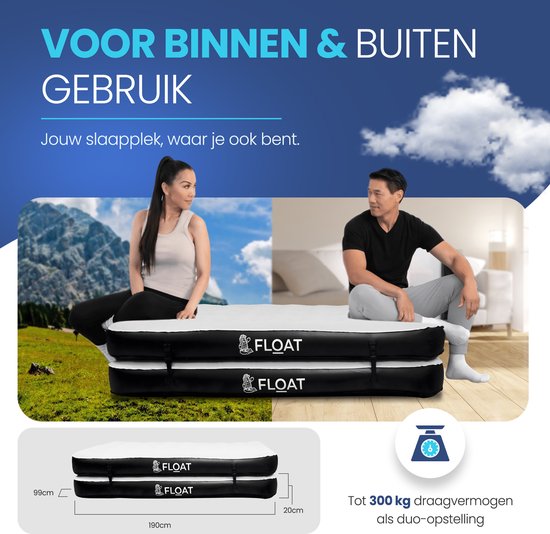 FLOAT Gemina - 3in1 Luftbett mit elektrischer Pumpe - 190x99x20 cm - Feste Luftmatratze - Leichtgewicht für Camping - Zwei 1-Personen-Luftbetten