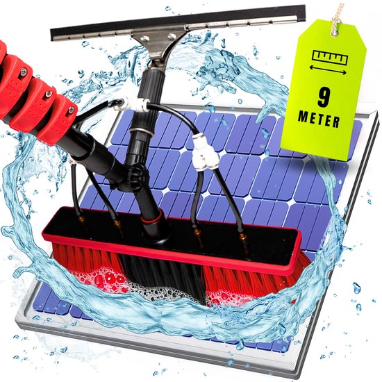 Aqualitá® Teleskopstiel Fensterreinigung 9M mit Gämse - Fensterwascher Teleskop - Solarpanelreiniger - Fensterwaschset Teleskopstiel mit Wasserdurchlass - Teleskopwaschbürste - Teleskopbürstenset mit Seifenspender für die Fensterreinigung