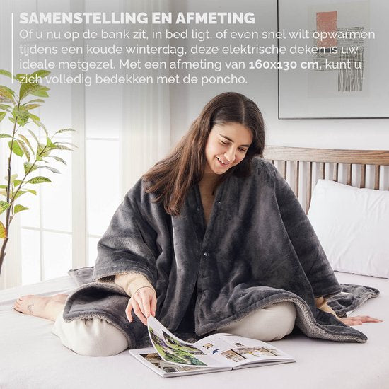 BREND BR-2220 Elektrische Decke und Poncho - Sherpa und Flanell Fleece Plaid - Wärmeumhang - 160 x 130 cm - 9 Temperaturstufen - Anthrazit