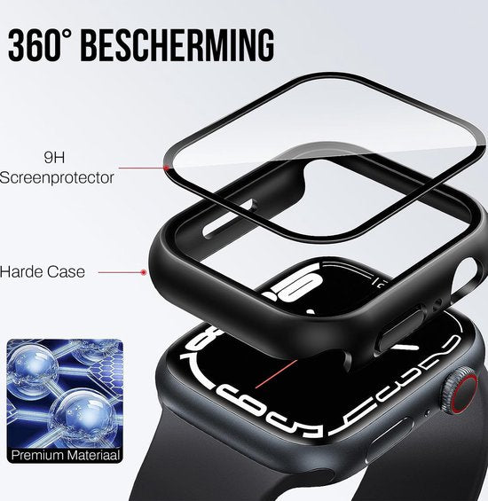 Gehäuse passend für Apple Watch Series 7 / 8 / 9 - 45 mm Displayschutzfolie - 2 Stück - Full Cover Hard Case - Schwarz - Podec