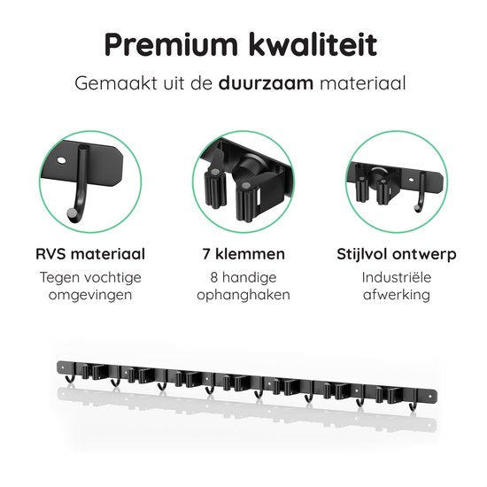Volcan Besenhalter - Besen Aufhängesystem Gartengeräte - Werkzeughalter - 3M Band - 7 Halter 8 Haken - Edelstahl Schwarz