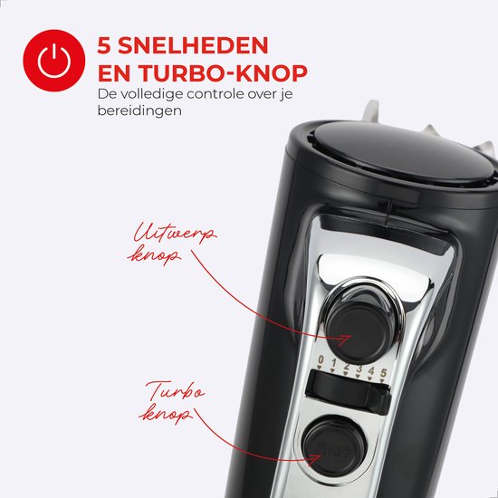 Bourgini Retro-Handmixer – 5 Geschwindigkeitsstufen und Turbo-Funktion – Teighaken und Rührbesen aus Edelstahl – Schwarz