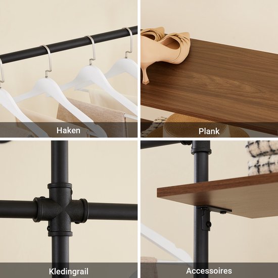 SoBuy Industrie-Kleiderständer mit 3 Stangen und 3 MDF-Einlegeböden, robuster offener Kleiderschrank, industriell schwarz KLS18-SCH