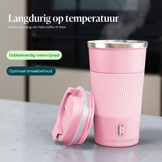 Castagnola Thermobecher – Kaffeebecher zum Mitnehmen – Reisebecher für Kaffee und Tee – Teebecher – 510 ml – Edelstahl – Rosa